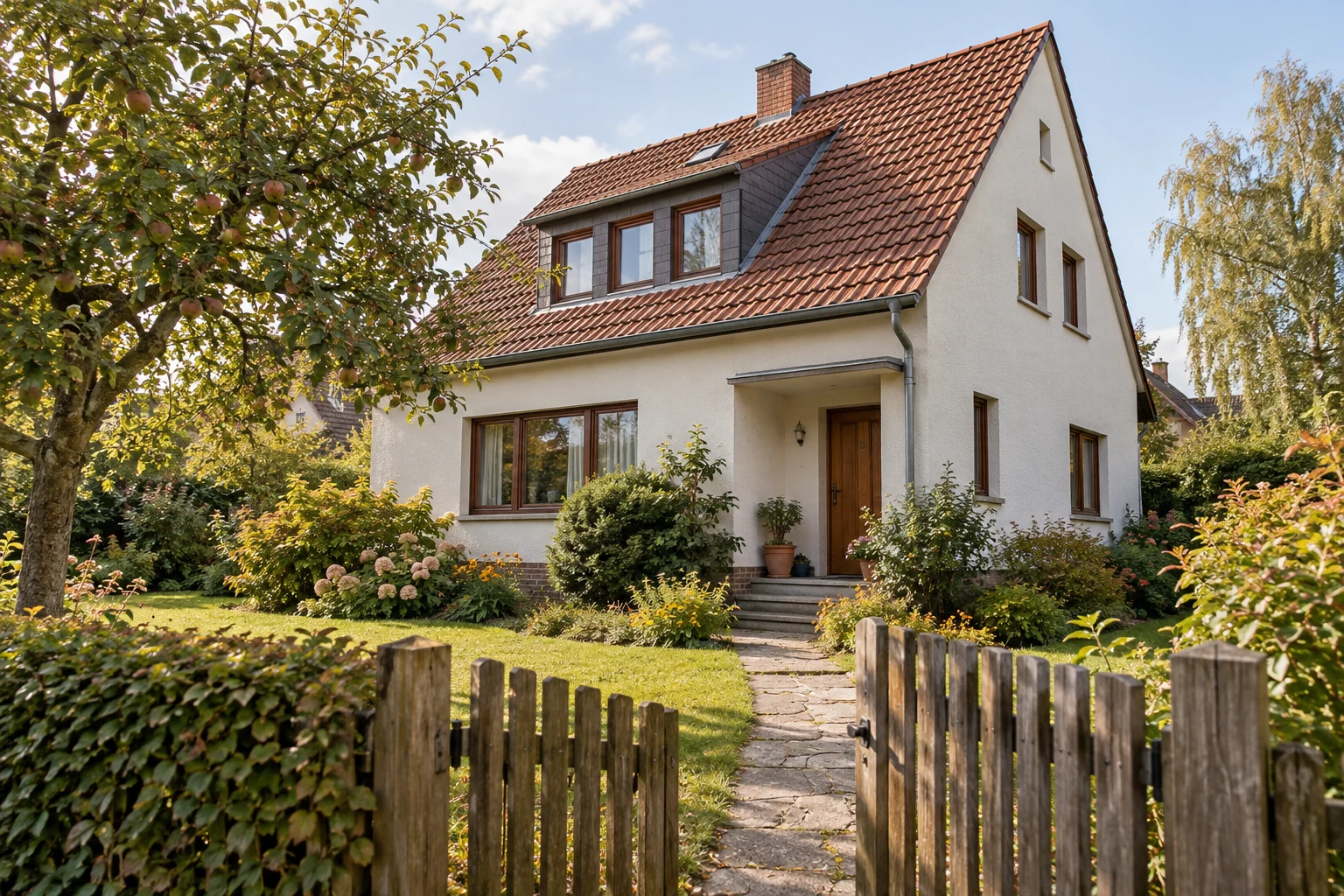 Gepflegtes älteres Wohnhaus mit Garten; eine offene Gartentür führt zum ruhigen Hauseingang.